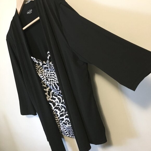 Mandee Black Open Waterfall Cardigan With Bow Tie Bust Animal Print Shirt 2in1 - Picture 3 of 16